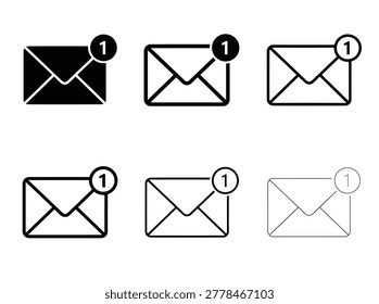 Email communication icon collection in minimalist line and solid styles representing inbox, message, alert, notification, and contact.