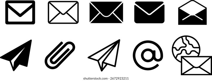 Email and Communication Icon Set – Envelope, Paper Plane, Attachment, Mail Symbols in Vector