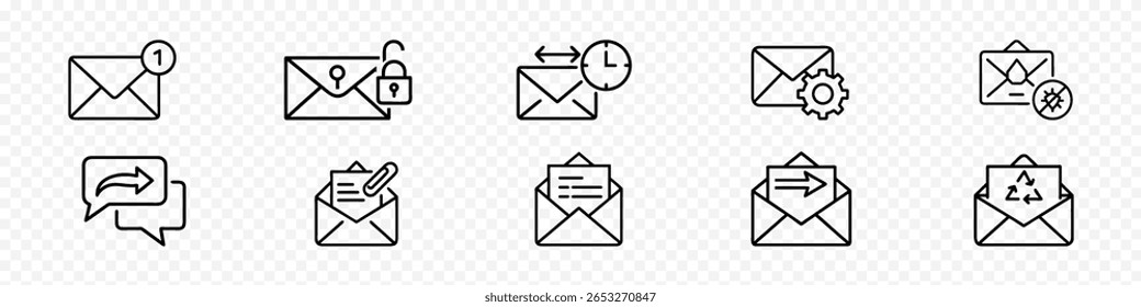 Ícones de email e comunicação com caixa de entrada, leitura, mensagem segura, resposta, encaminhamento, e-mail programado e interface de interação