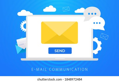 Comunicación por correo electrónico, correo entrante o enviado, recepción de nueva notificación por correo electrónico. Portátil con bandeja de entrada con sobre amarillo y botón de envío con iconos de chat y de comunicación.