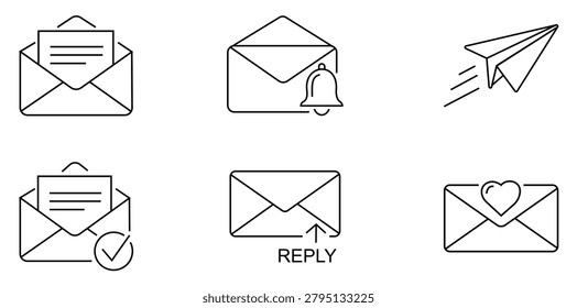 Email Communication Line Icon Collection Showing Messaging Correspondence Mail Delivery Reply Notification Verification Customer Support and Digital Contact Management Solutions