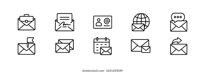 Email, conjunto de ícones de linha de comunicação - estrutura de tópicos, mensagens, símbolos de rede