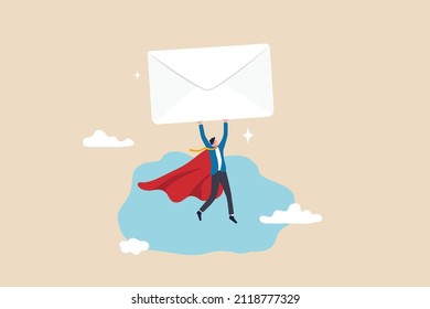 Email communication, marketing campaign from subscription, sending message or information concept, businessman superhero carrying big email envelope flying to recipient address.