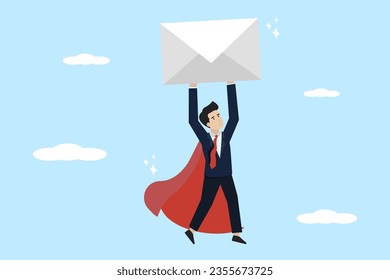 Comunicación por correo electrónico, entrega de mensajes o concepto de información, superhéroe de negocios con un gran sobre de correo electrónico volando a la dirección del destinatario. Exitosa ilustración de un hombre de negocios.