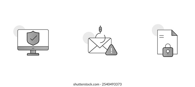 Email and Communication Security. Icons Included: Phishing Email, Locked File, Shielded Computer. Editable Stroke.