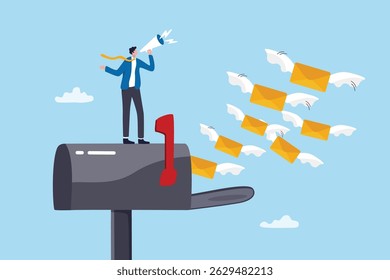 Email communication, subscribe newsletter, sending online envelope e-mail to user mailbox, digital inbox marketing engagement, send or receive notification, envelope email flying to mailbox.