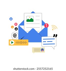 Email Communication Symbols With Envelope, Message, And Notification Icons Flat Vector Illustration Symbolizing Digital Messaging, Interaction, And Connectivity, Isolated On White Background