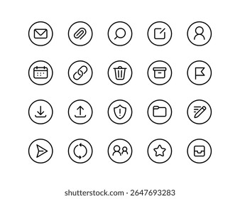 Conjunto de Ícones de Vetor da Interface do Usuário de Comunicação por Email | Espessura ajustável da linha | Email, mensagem, contato, caixa de entrada, resposta, anexo, enviar, arquivar, calendário, usuários, segurança, ícones de pasta