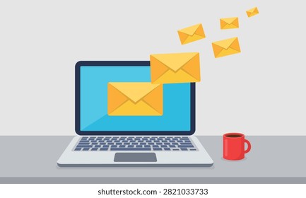 Email communication vector illustration featuring laptop with outgoing envelope messages isolated on white background for online correspondence digital marketing business communication and internet technology projects.