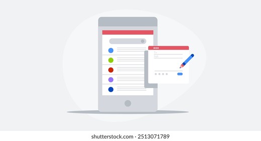 Email compor no celular, aplicativo de email móvel, Escrevendo uma mensagem de email do celular, Tecnologia de comunicação empresarial - fundo de ilustração vetorial com ícones