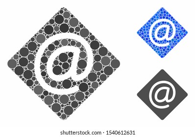 Email composition of small circles in various sizes and color tinges, based on email icon. Vector small circles are organized into blue composition. Dotted email icon in usual and blue versions.