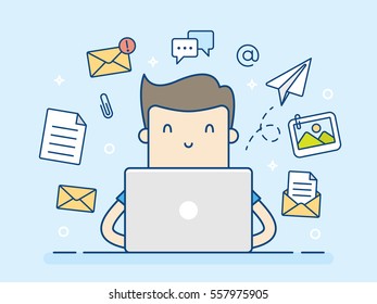 Email Concept With Man And Laptop. Email Marketing. Business Concept Illustration.