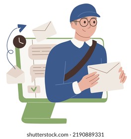 Concepto de correo electrónico. Servicio en línea. Servicio de correo. Postman con un sobre.