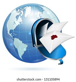 E-Mail concept - Open Mailbox with Mail and Earth, vector icon isolated on white background