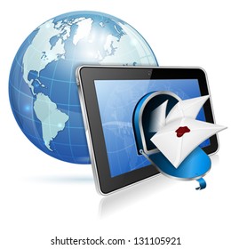 E-Mail concept - Open Mailbox with Mail on Screen Tablet PC and Earth, vector icon isolated on white background