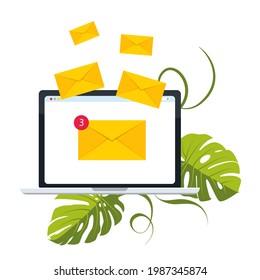 Email concept represented by envelope and laptop icon. a lot of letters in envelopes fly out of the laptop