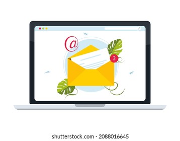 El concepto de correo electrónico está representado por el icono sobre y el bloc de notas. Un mensaje entrante en la pantalla del monitor del portátil. Ilustración del vector
