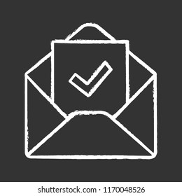 Email confirmation chalk icon. E-mail approval response. Hiring letter. Email with check mark. Employment verification letter. Isolated vector chalkboard illustration