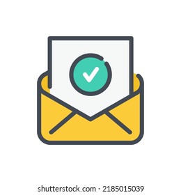 Icono de la línea de color de confirmación por correo electrónico y notificación de aprobación. Letra de correo con marca de verificación en el símbolo de color del contorno del vector circular.