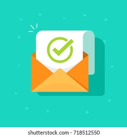 Email Confirmation Vector Illustration, Flat Cartoon Envelope With Confirmation Letter Document, Checked Or Accepted Message Icon, Approved Document Concept Or E-mail Checklist