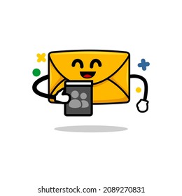 email contact address concept. isolated cute mail cartoon face holding email address book vector illustration