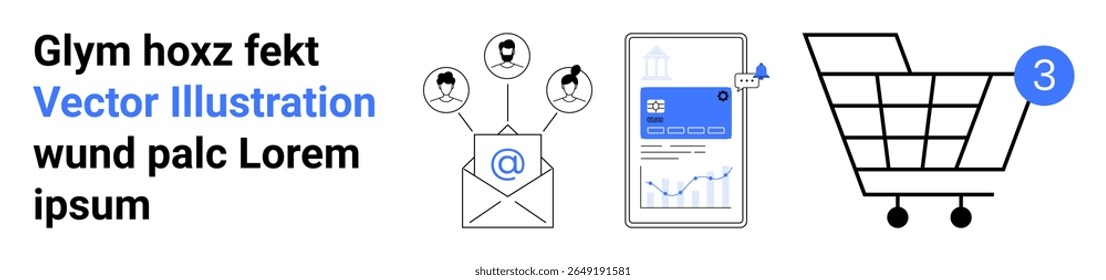 E-mail com ícones de contato, celular com painel de análise e ícone do carrinho de compras com notificação. Ideal para marketing digital, e-commerce, aplicativos móveis, notificações, análises, campanhas de e-mail