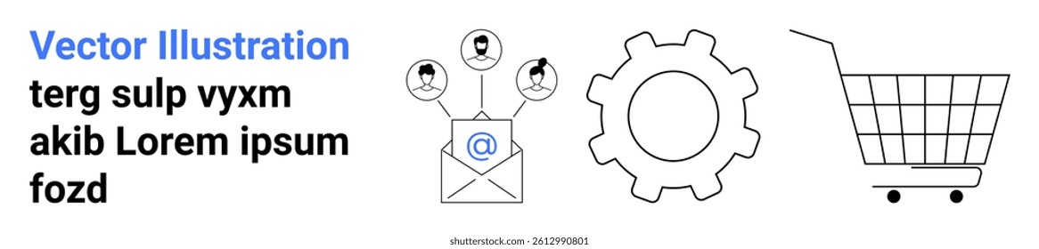 Email with contacts, gear, and shopping cart icons representing communication, settings, and e-commerce. Ideal for business, workflow, technology, digital marketing, system optimization, e-commerce