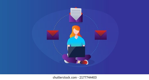 Email content, Contact details, Email strategy, Woman with laptop writing email - flat design vector illustration with icons on isolated background
