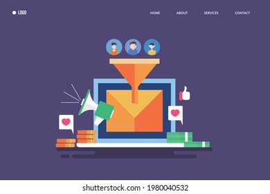 Email Conversion, Digital Sales Funnel, Conversion Funnel, Email Advertising - Conceptual Landing Page Vector Illustration With Icons