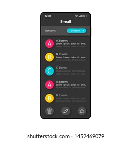 Email correspondence management smartphone interface vector template. Mobile app page color design layout. Chat user account screen. Flat UI for application. E-mail notification exchange phone display