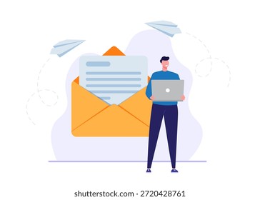Correo electrónico y correspondencia en Internet. Hombre que envía cartas o mensajes, ilustración de stock.
