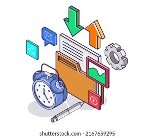 Email data folder and alarm clock in isometric illustration