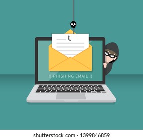 Email Data Phishing With Cyber Thief Hide Behind Laptop Computer. Hacking Concept. 