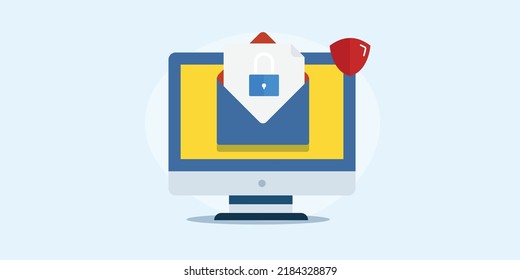 Protección de datos de correo electrónico, bloqueo de correo electrónico, información confidencial, seguridad cibernética, tecnología antiphishing - ilustración vectorial de diseño plano con iconos