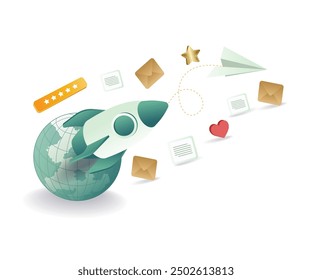 Email Data Rocket Launching from Earth