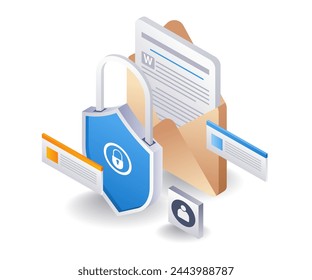 Email data security padlock, flat isometric 3d illustration