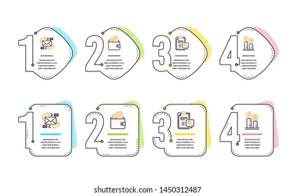 E-mail, Debit card and Spanner icons simple set. Ab testing sign. Communication by letters, Wallet with credit card, Repair service. Test chart. Business set. Infographic timeline. Line e-mail icon