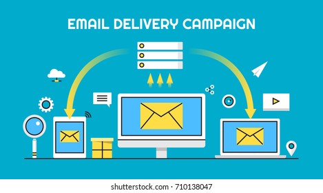 Email Delivery, Email Marketing Campaign, Sending Email Newsletter Flat Design Vector Banner With Icons Isolated On Blue Background