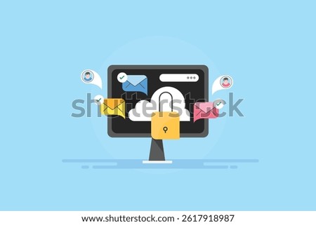 Email delivery network, Email reaching inbox, Successful email delivery, Secure email messages send to users - vector illustration with icons