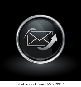 Email delivery symbol with envelope and arrow icon inside round chrome silver and black button emblem on black background. Vector illustration.