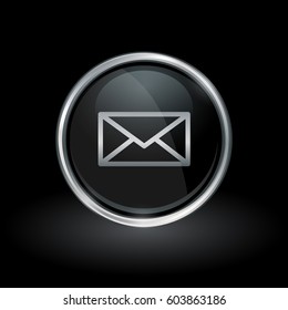 Email delivery symbol with envelope icon inside round chrome silver and black button emblem on black background. Vector illustration.