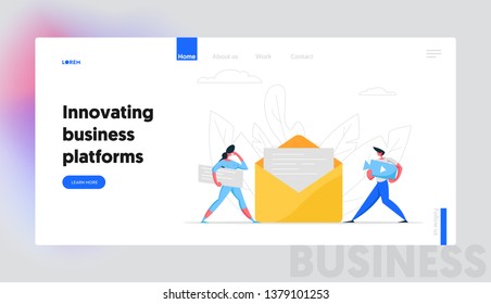 Email Digital Marketing Online Communication Banner Concept. Business Characters with Video and Text Content Sending Message. Man and Woman Social Media Website Landing Page. Vector illustration