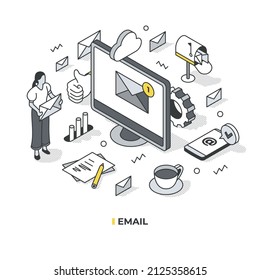 Email and direct messaging concept. Tiny figure of woman stands near laptop with big envelope in hands.  Isometric vector illustration with isolated objects