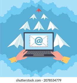 Email Distribution. Person Writing Letters And Sending Messages With Laptop. Online Messenger Application. Flying Paper Planes In Sky. Internet Post. Envelope Delivery. Vector Concept