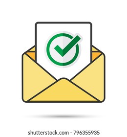 Email With Document And Round Green Check Mark Icon. Successful Verification Concepts. Vector Email Icon
