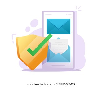 Email document secure mobile phone communication online concept, smartphone electronic mail letter text file protection, digital guard vector flat cartoon illustration, antivirus security verified
