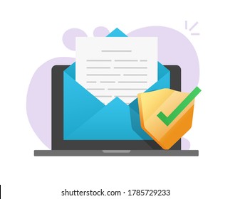 Email document secure shield icon on electronic mail letter text file on laptop computer, digital protection symbol vector flat cartoon illustration, antivirus security software verified modern symbol