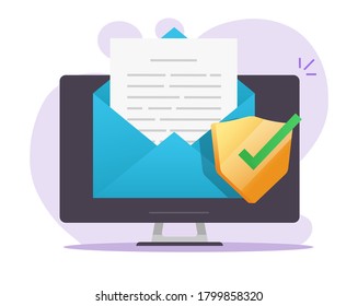 Email document secure shield online vector on desktop computer icon on electronic mail letter text file protection, digital guard symbol flat illustration, antivirus security software verified