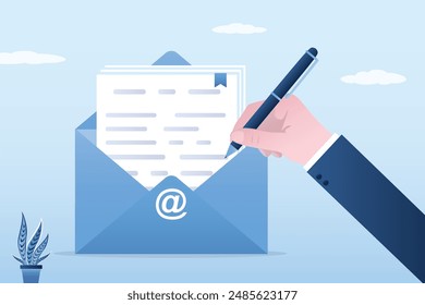 E-mail with documents and businessman hand uses pen. Apply online for new job. Digital marketing. Email communication for best business negotiation. Writing email. flat vector illustration