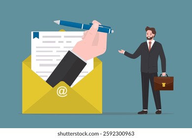 Email with documents, hr agent hand give pen for signature of contract or offer. Job applicant employee waiting job offer. Email communication for best business negotiation. flat vector illustration